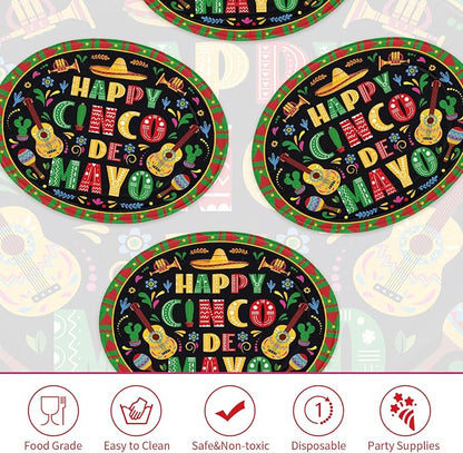 50Pcs Cinco De Mayo Oval Paper Plates 10" x 12" Large Disposable Heavy Duty Mexican Fiesta Paper Platters Black Mexico Taco Fiesta Dessert Plates for Mexican Cinco De Mayo Festive Party Supplies