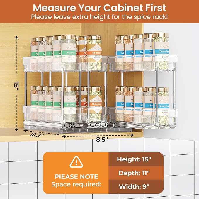 Mystozer Pull Out Spice Rack Organizer for Cabinet, Slide Out Spice Racks Organizer, Easy to Install Spice Cabinet Organizers, 2.3''Wx10.66''Dx8.11''H, 3 Packs - 2 Tiers (Clear)