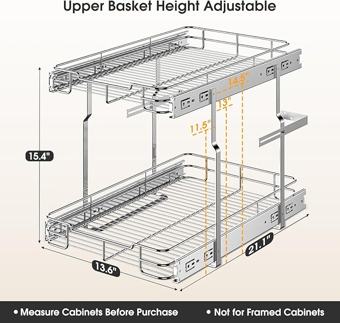 Delamu Pull Out Cabinet Organizer 2-Tier 14" W x 21" D Heavy Duty Chrome-Plated Slide Out Drawers, Kitchen Drawer Organizer Pull Out Shelves for Pots & Pans, Home Pantry Cans & Spices, Silver