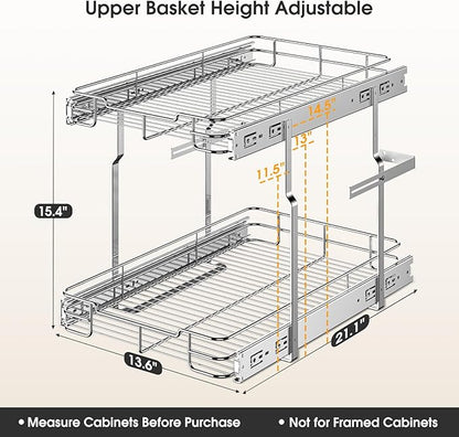 Delamu Pull Out Cabinet Organizer 2-Tier 14" W x 21" D Heavy Duty Chrome-Plated Slide Out Drawers, Kitchen Drawer Organizer Pull Out Shelves for Pots & Pans, Home Pantry Cans & Spices, Silver