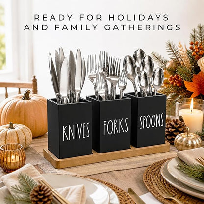 Farmhouse Silverware Holder, Rustic Wood Silverware Caddy with Tray, Spoon Fork Knives Flatware Dispenser, Utensil Countertop Organizer, Plastic Cutlery Holder for Kitchen Party (Black)