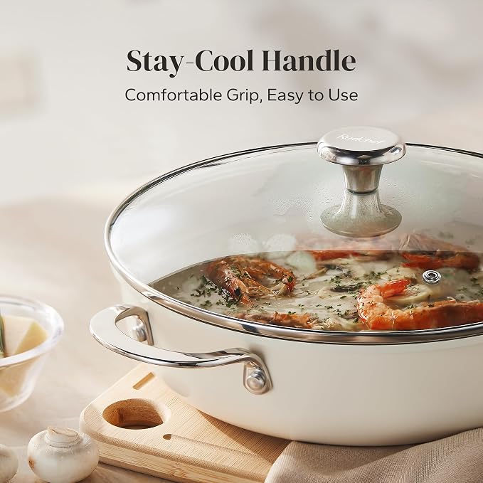 Redchef Ceramic Stock Pot, 4 QT Soup Pot with lid, Induction Stockpot Cooking Pot for All Stoves, Braiser Nonstick Rondeau Pot, Even Heating, Stay Cool Handle, Oven/Dishwasher Safe, PFAS Free (Beige)