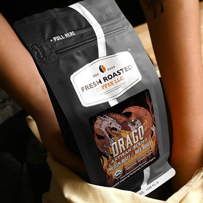 Fresh Roasted Coffee, Organic Drago Café Blend Whole Bean Coffee, Medium Roast, USDA Organic, Kosher, 12 oz