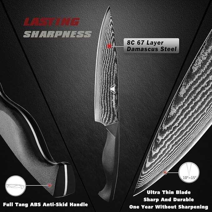 aisyoko Professional Chef Knife 8 "Damascus Kitchen Knife 8C High carbon stainless steel Super sharp,Ergonomic Full Tang ABS Anti-Skid Handle utility knife Japanese Cooking Knife with Luxury Gift Box