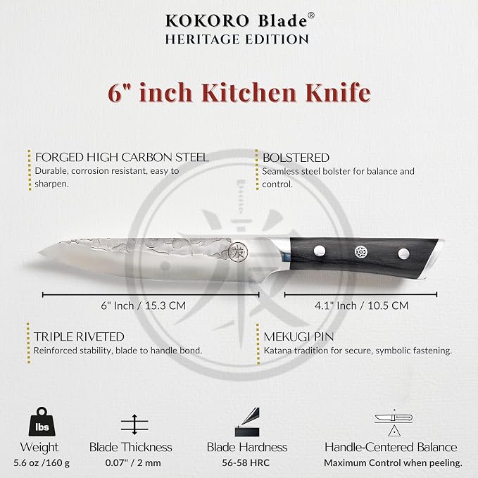 6” Professional Utility Knife – Hand Forged Kitchen Knife with Dark Wood Handle, Razor Sharp, Full Tang, Balanced – from British Fusion Atelier KOKORO – A Thoughtful Gift for Cooks and Foodies