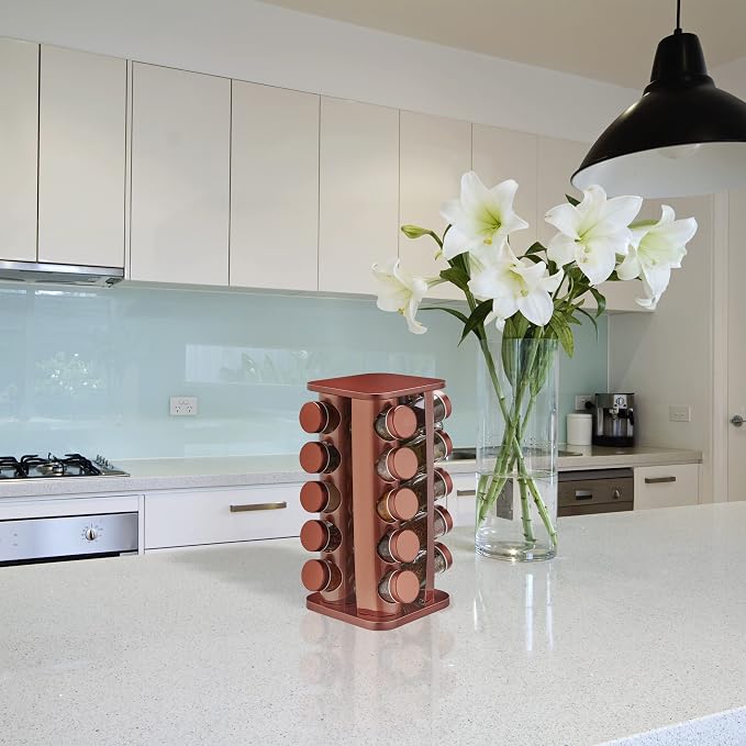 Relaxdays Spice Rack, 20 Glass Jars, Rotatable, Stainless Steel, H x W x D: Approx. 34 x 20 x 20 cm, Copper
