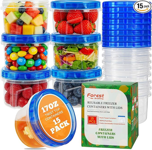 15 Pack 17oz Reusable Freezer Storage Containers with Twist Top Lids Airtight, Small Plastic Food Storage Containers for Meal Prep Leftover Lunch Fruit Salad, Soup Container Microwave Freezer Safe