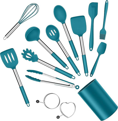 Silicone Cooking Utensils Set, E-far 14-Piece Blue Kitchen Utensils Set with Holder, Kitchen Tools Spatulas with Stainless Steel Handle for Non-stick Cookware, Heat Resistant & Dishwasher safe