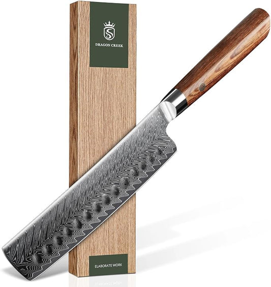 Dragon Creek Damascus Nakiri Knife - Japanese Nakiri Knife for Meat Vegetable Cutting Birthday Christmas Thanksgiving Gift for Mom or Dad