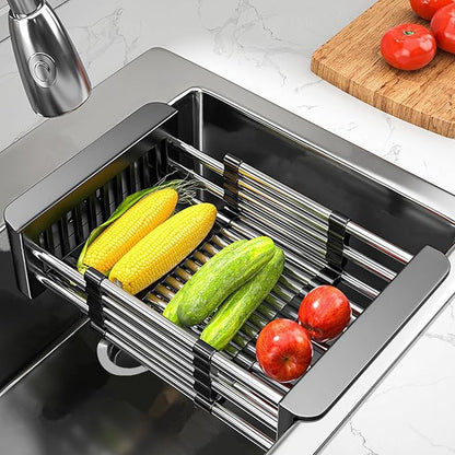 Dish Drying Rack, Adjustable Stainless Steel Drainer Basket Drain Tray for Dishes, Vegetables, and Fruit, On or in Sink Kitchen Basket Dish Drying Rack (Black)