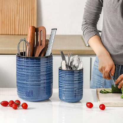 Hasense Ceramic Utensil Holder for Kitchen Counter, 7.4"+5.5" Caddy Set of 2, Large Cooking Holder for Countertop, Crock for Farmhouse Decor, Blue