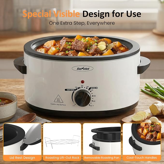 Sunvivi Electric Roaster Oven for Small Families, 8QT Portable Roaster with Self-Basting Lid Defrost & Keep Warm, Adjustable Temp 150°F-450°F for Baking, Slow Cooking, Buffet Serving & RV Camping