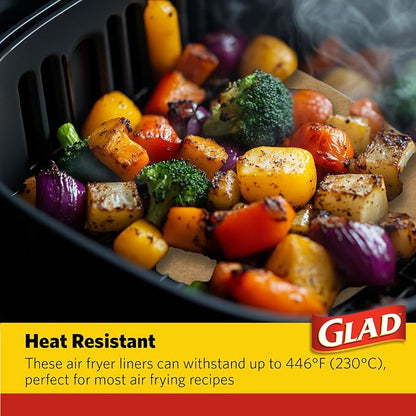 Glad Air Fryer Parchment Liners, Nonstick, Heat Resistant to 446 Degrees F, Food-Grade Material, Flat Square for Round and Square Air Fryer Baskets, 6.5" x 6.5", 100 Count