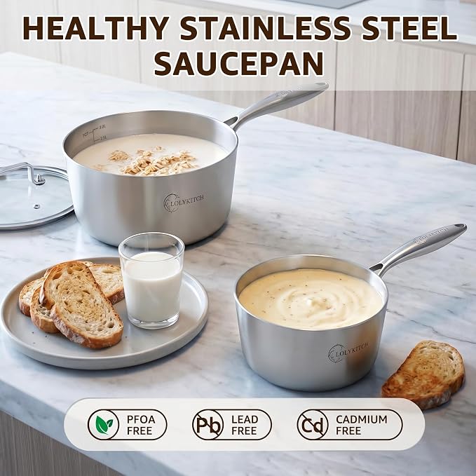 LOLYKITCH Tri-Ply Stainless Steel Saucepan Set with Glass Lids, 1QT & 3QT Cooking Pots, Uncoated Heavy Bottom Metal Sauce Pans for Induction Cooktop, Ergonomic Handle