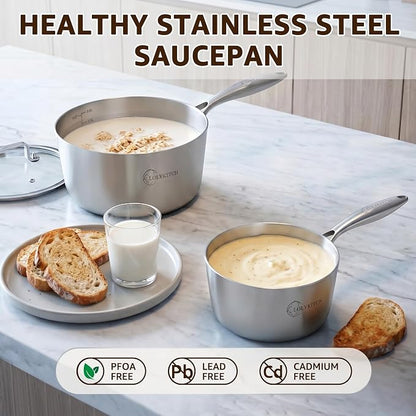 LOLYKITCH Tri-Ply Stainless Steel Saucepan Set with Glass Lids, 1.5QT & 3QT Cooking Pots, Uncoated Heavy Bottom Metal Sauce Pans for Induction Cooktop, Ergonomic Handle