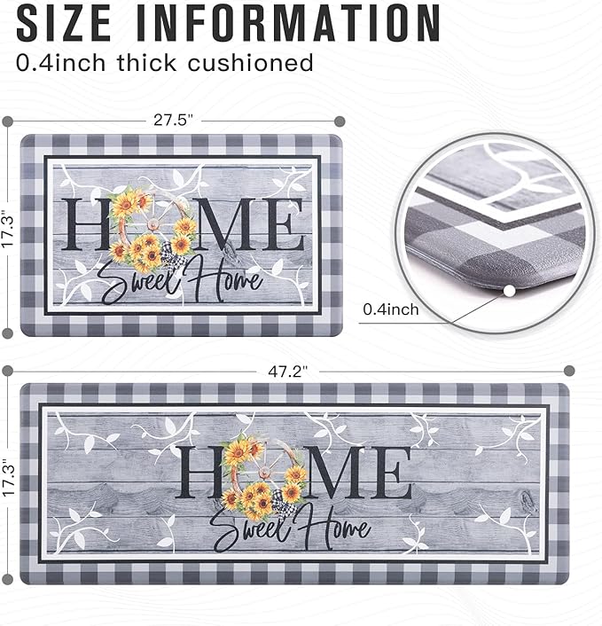 Carvapet Kitchen Floor Mats 2Pcs, Anti Fatigue Kitchen Rugs and Mats Farmhouse Plaid Home Non-Skid Cushioned Floor Comfort Mat for Kitchen, Doorway, Sink, Laundry, 17"x27"+17"x47"