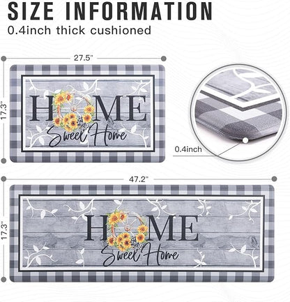 Carvapet Kitchen Floor Mats 2Pcs, Anti Fatigue Kitchen Rugs and Mats Farmhouse Plaid Home Non-Skid Cushioned Floor Comfort Mat for Kitchen, Doorway, Sink, Laundry, 17"x27"+17"x47"
