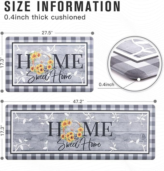 Carvapet Kitchen Floor Mats 2Pcs, Anti Fatigue Kitchen Rugs and Mats Farmhouse Plaid Home Non-Skid Cushioned Floor Comfort Mat for Kitchen, Doorway, Sink, Laundry, 17"x27"+17"x47"