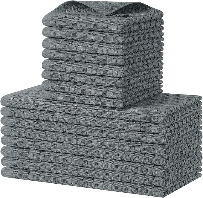Homaxy 100% Cotton Kitchen Towels and Dishcloths Set, 12 x 12 & 15 x 25 Inches, Set of 16 Bulk Terry Cloth Dish Towels, Super Soft and Absorbent Hand Towel with Hanging Loop, Dark Grey