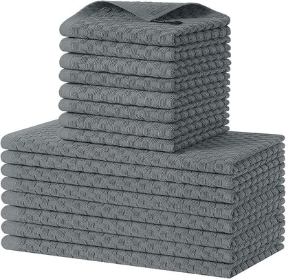 Homaxy 100% Cotton Kitchen Towels and Dishcloths Set, 12 x 12 & 15 x 25 Inches, Set of 16 Bulk Terry Cloth Dish Towels, Super Soft and Absorbent Hand Towel with Hanging Loop, Dark Grey