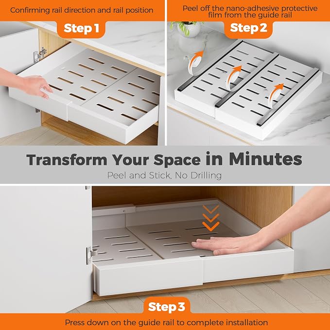 Nacial Pull Out Cabinet Organizer, Large Expandable (17.1"-26.8") Heavy Duty Slide out Drawers with 3 Slides 6 Adhesive, Peel and Stick Pull Out Shelf for Kitchen Pantry Bathroom Organization
