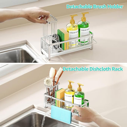 HapiRm Sponge Holder for Kitchen Sink - Self-draining Sink Caddy with Brush and Dishcloth Holder, Stainless Steel Sponge Caddy for Countertop - Silver(Large)