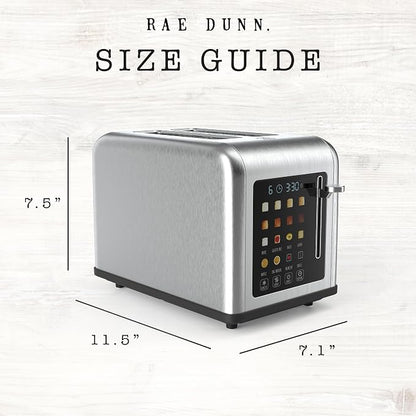 Rae Dunn 2 Slice Smart Toaster, Digital Display, Wide Slots, 8 Browning Levels, 6 Bread Types, 4 Functions (Defrost, Reheat, Cancel, Add Time), 825W Digital Stainless Steel