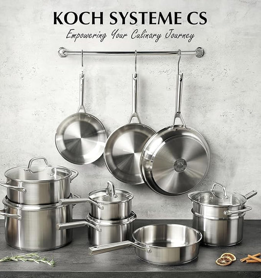 KOCH SYSTEME CS Stainless Steel Cookware Set 17 Piece, Professional 18/10 Stianless Steel Pots and Pans Set, 5-Layer Stainless Base, Oven Safe, Induction Ready, Non-Toxic Kitchen Cookware Set