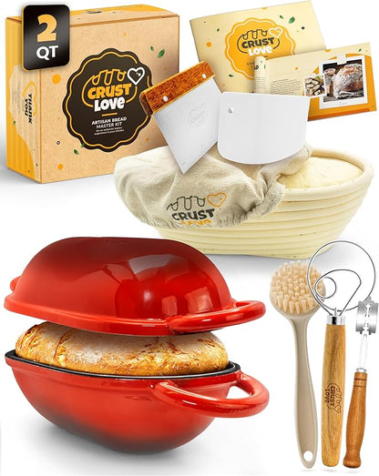 CRUSTLOVE Loaf Pan for Bread Baking - incl. Sourdough Bread-Baking Supplies like Banneton Bread-Proofing Basket - 2QT Enameled Oval Cast Iron Dutch Oven, Bread-Oven, Sour Dough Bread-Banking-Pan Tools