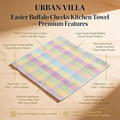 Urban Villa Kitchen Towels Set of 6 Buffalo Checks Easter Kitchen Towels Size 20”X30” Inches 100% Cotton Highly Absorbent KitchenTowels Premium Quality Ultra Soft Mitered Corners KitchenTowels