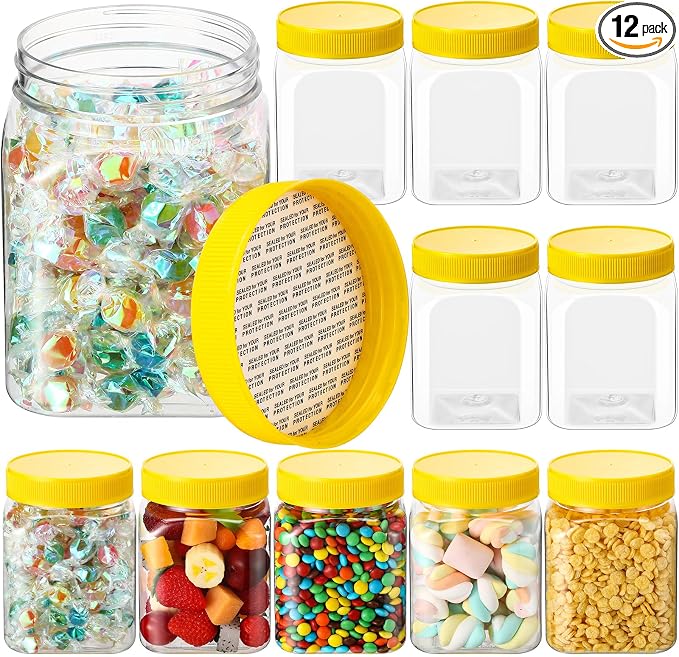 Nosiny 12 Pcs 24 oz Clear Plastic Jars with Lids Square Plastic Container Large Candy Jars with Screw on Lids Refillable Kitchen Storage Containers for Dry Food, Coffee (Yellow)