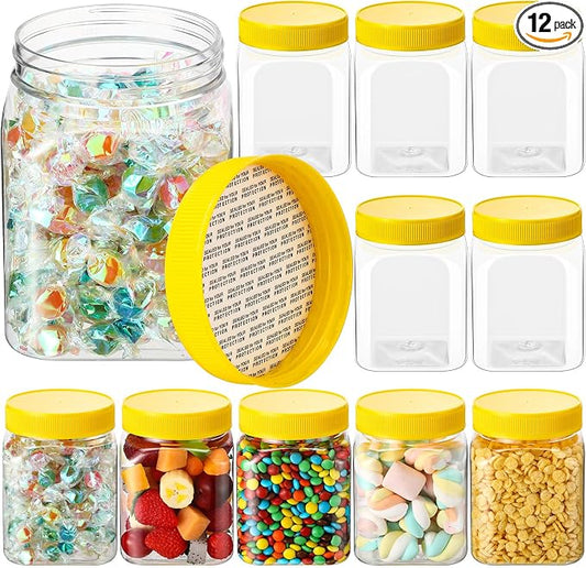 Nosiny 12 Pcs 24 oz Clear Plastic Jars with Lids Square Plastic Container Large Candy Jars with Screw on Lids Refillable Kitchen Storage Containers for Dry Food, Coffee (Yellow)