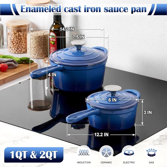 E-far 1Qt & 2Qt Sauce Pan Set, Enameled Cast Iron Saucepans Pot with Self-basting Lids, Heavy Duty Small Dutch Oven for Stove, Induction-Ready & Easy Clean, Deep Blue