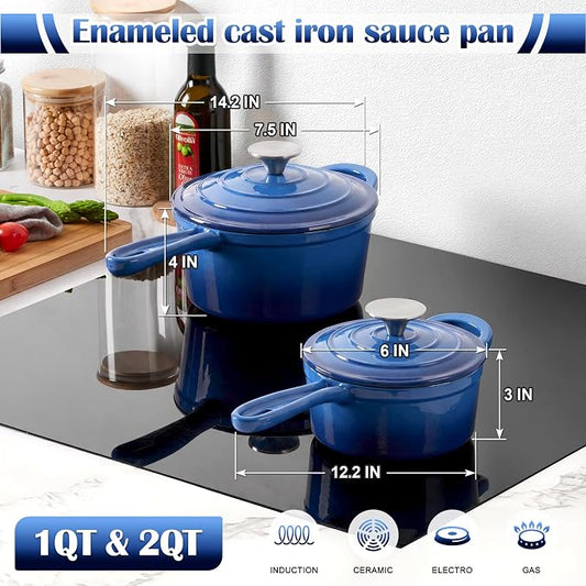 E-far 1Qt & 2Qt Sauce Pan Set, Enameled Cast Iron Saucepans Pot with Self-basting Lids, Heavy Duty Small Dutch Oven for Stove, Induction-Ready & Easy Clean, Deep Blue