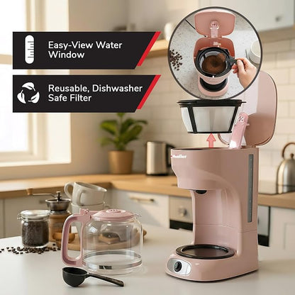 MUELLER HOME 12-Cup Pink Coffee Maker - Borosilicate Carafe, Auto-Off, Pink Kitchen Accessories, Reusable Filter, Anti-Drip, Kitchen Appliances, Keep-Warm Function