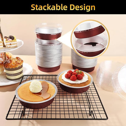 Beasea Disposable Mini Pie Tins with Lids, 120 Pack 4” 7.3oz 215ml Small Round Aluminum Baking Tart Foil Container for Individual Dessert Cupcake Cheesecake Ramekin Quiche Oven Dishes - Wine Red