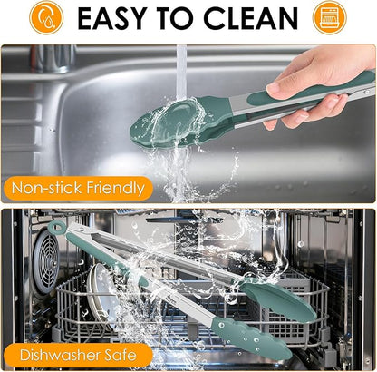 HOTEC Premium Stainless Steel Locking Kitchen Tongs with Silicon Tips, Set of 3-7", 9" and 12" (Sage Green)
