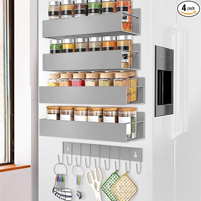 SMRCAD Magnetic Spice Rack Organizer for Fridge Seasoning Organizer for Kitchen storage with Screw Magnetic Shelf with Hook for Refrigerator and Oven (4pack1hook-Grey)