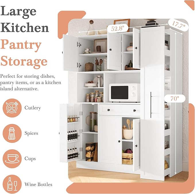 VilroCaz Farmhouse Style Large Kitchen Pantry with Hutch, Freestanding Wood Storage Cabinet Cupboard with Pull-Out Side Cabinet, Door Shelves and Drawer (White-6.10)