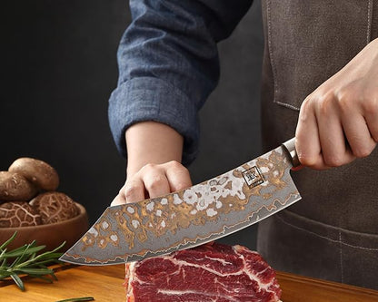 zayiko 7.9 Inch Damascus Carving Knife, VG10 Core, Meat Slicing Knife for Brisket, BBQ, Roast & Turkey, 67-Layer Copper Damascus Steel, 60 HRC, Maple Root Wood Handle, Wooden Gift Box