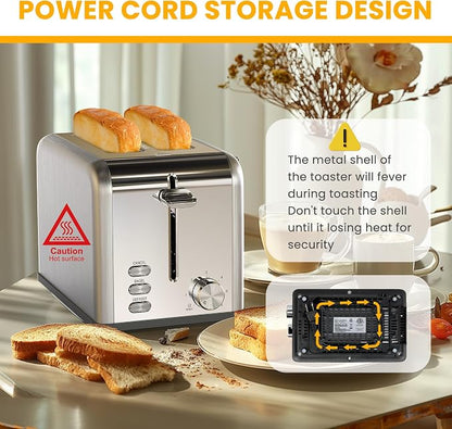 Simple Deluxe 2-Slice Toaster, 6 Browning Setting and 3 Function, Extra Wide Slot & Removable Crumb Tray, for Bread & Waffle, Silver