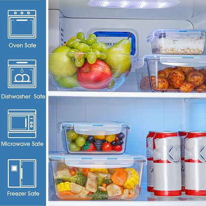 NUTRIUPS 112oz/68/34/17oz Large Glass Food Storage Containers with Airtight Lids, Square Meal Prep Container Set, Easy-Open Vented Lid, Oven Safe Baking Dish