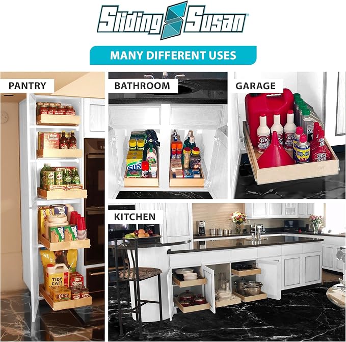 SlidingSusan Hard Maple Pull Out Cabinet Drawer Organizer 20 Inch Wide x 21 Inch Deep Soft Close Sliding Shelf for Kitchen Cabinets, Pantry & Storage Areas, Heavy Duty Wooden Pullout Inserts