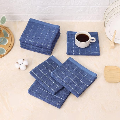 Mordimy 100% Cotton Terry Cloth Dish Cloths, Soft and Absorbent Checkered Dish Towels, Quick Drying Dish Rags for Washing Dishes, 8 Pack, 12 x 12 Inches, Navy Blue