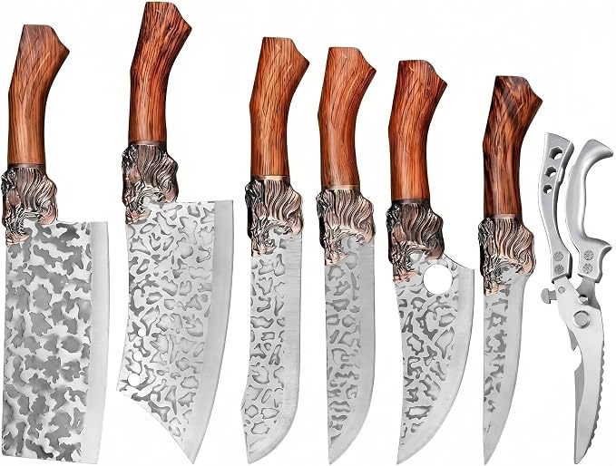 7-Piece Kitchen Knife Set, Sharp Chef Knife Set with Chinese Cleaver, Forged High Carbon Steel Butcher Knife Set, Cooking Knives, Knife Set Without Block for Home Kitchen & BBQ