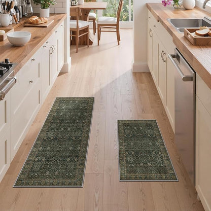 GENIMO Kitchen Rugs Non Slip Washable, 2PCS Kitchen Mats for Floor, Cushioned Standing Mat, Kitchen Runner Rug Floor Mat for Kitchen Decor, Laundry, Sink, Home, 20"x32"+20"x48", Dark Green/Multi