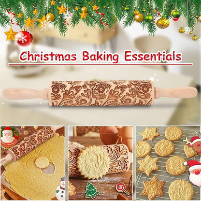 Christmas Embossed Rolling Pin for Baking Cookies Embossing Rolling Pins with Design Wooden Engraved Springerle Roller Pin Dough Snowflake Paisley Patterned Clay Pottery Ceramic Bakers (Floral Frost)