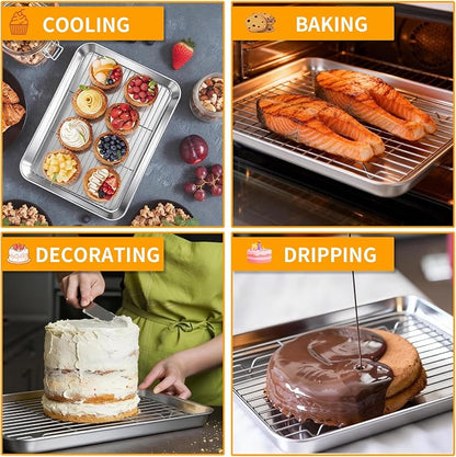 Baking Sheet Pan Set of 8, CEKEE Stainless Steel Cookie Sheets for Baking with Cooling Rack, Small/Quarter/Jelly Roll Pans, 9/10/12/16 Inch, 0.8mm Thick Heavy Duty & Non Toxic & Easy Clean