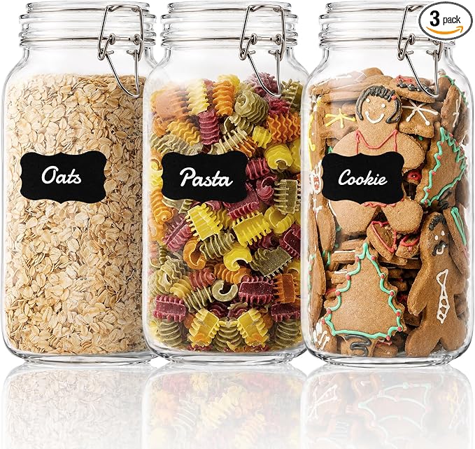 GOSCHE 78oz Glass Jars with Airtight Lids, 3 Pack Square Glass Storage Containers with Labels, Wide Mouth Borosilicate Glass Canisters, BPA-Free for Flour, Sugar, Rice, Pasta, Coffee
