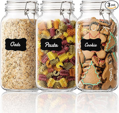 GOSCHE 78oz Glass Jars with Airtight Lids, 3 Pack Square Glass Storage Containers with Labels, Wide Mouth Borosilicate Glass Canisters, BPA-Free for Flour, Sugar, Rice, Pasta, Coffee